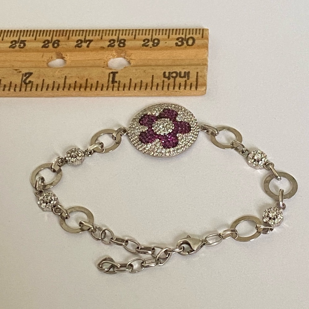 925 Silver flower bracelet pink clear zirconia cz stones flowers adjustable size - Picture 2 of 4